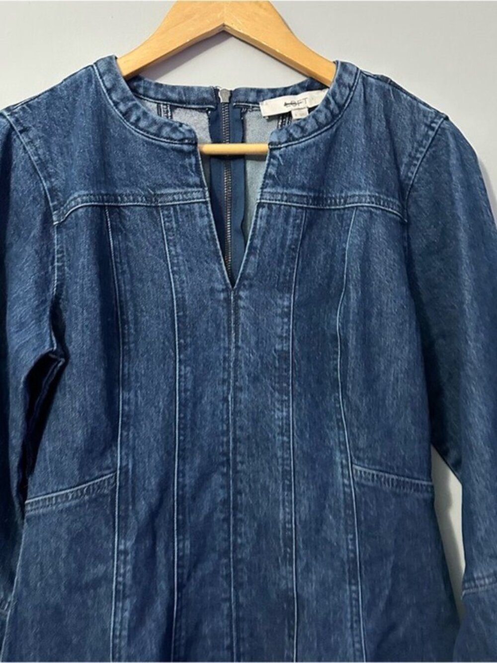 LOFT Denim Mini Dress Size 4 Barrel Sleeve Western Chic Cottagecore - Picture 6 of 12
